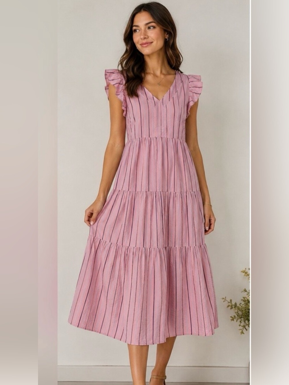 Ruffled V-Back Tiered Midi Dress in Dusty Rose